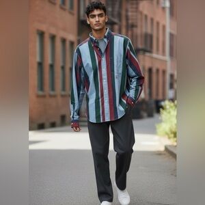 Vintage NOS Tommy Hilfiger Shirt Mens Medium Striped Crest Logo Pocket Button Up